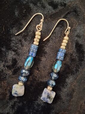 Blue Lapis Stone & Glass Bead Dangle Earrings Gold Accents.
